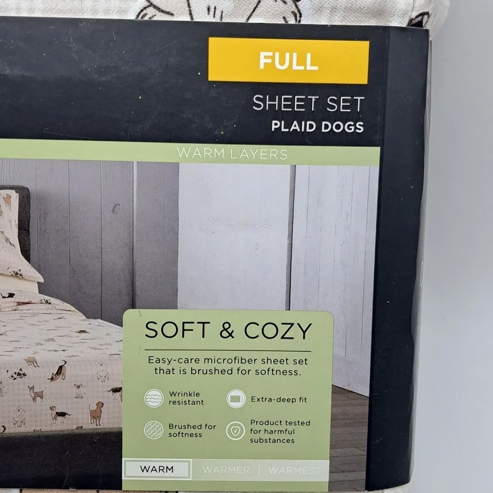 Cuddl Duds Sheet Set Full Size Tan Plaid Dogs Microfiber Soft Warm Bedding New